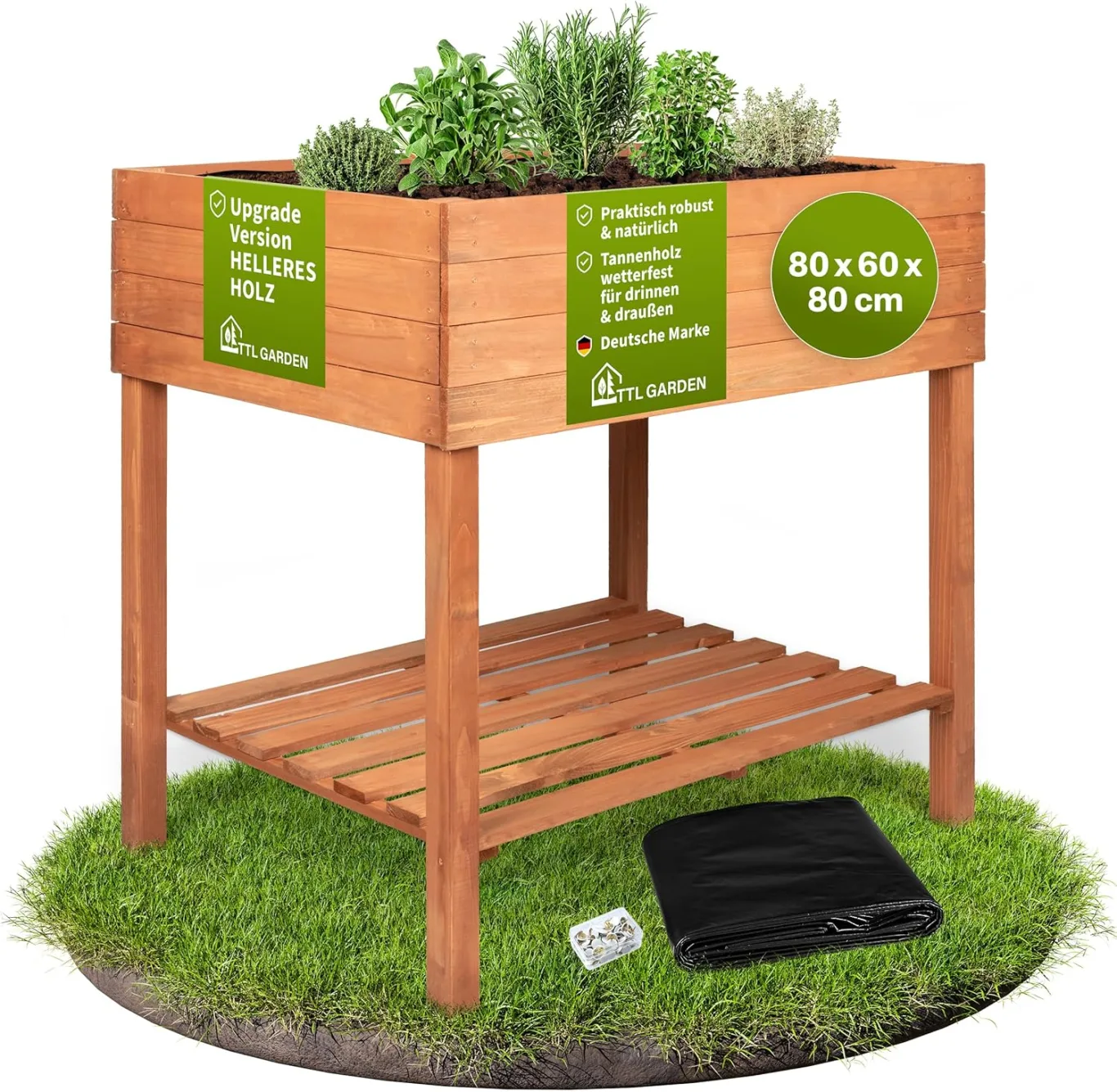 TTL GARDEN Balkon Hochbeet XL 120x40x80cm aus Holz - Pflanzkasten & Blumenkasten mit Ablageboden & Folie - Tannenholz wetterfest - Pflanzbeet Kräuterbeet Blumenbeet für Garten Balkon Terrasse Braun - Bild 1