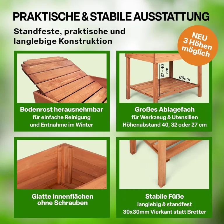 TTL GARDEN Balkon Hochbeet XL 120x40x80cm aus Holz - Pflanzkasten & Blumenkasten mit Ablageboden & Folie - Tannenholz wetterfest - Pflanzbeet Kräuterbeet Blumenbeet für Garten Balkon Terrasse Braun – Bild 5