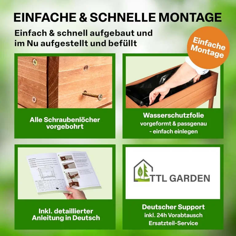 TTL GARDEN Balkon Hochbeet XL 120x40x80cm aus Holz - Pflanzkasten & Blumenkasten mit Ablageboden & Folie - Tannenholz wetterfest - Pflanzbeet Kräuterbeet Blumenbeet für Garten Balkon Terrasse Braun – Bild 6