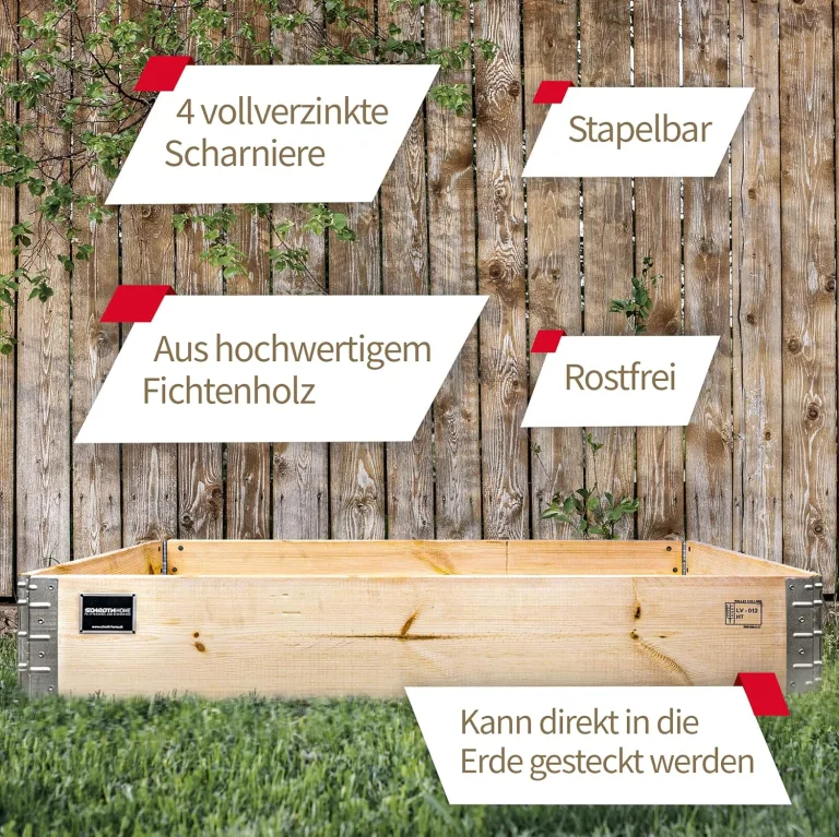 Schroth Home Hochbeet 120x80x20cm rechteckig 3 Stück - optional mit Rankhilfe- Palettenrahmen aus Holz - Hochbeet für Garten - faltbar - steckbar & stapelbar – Bild 4