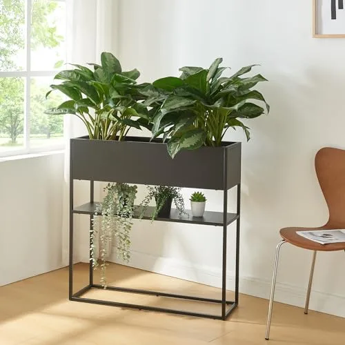 [en.casa] Blumenständer Joensuu Hochbeet mit Ablage Pflanzkübel Kräuterbeet Blumenkasten Pflanzkasten aus Stahl 80 x 80 x 25 cm Schwarz für drinnen und draußen – Bild 9