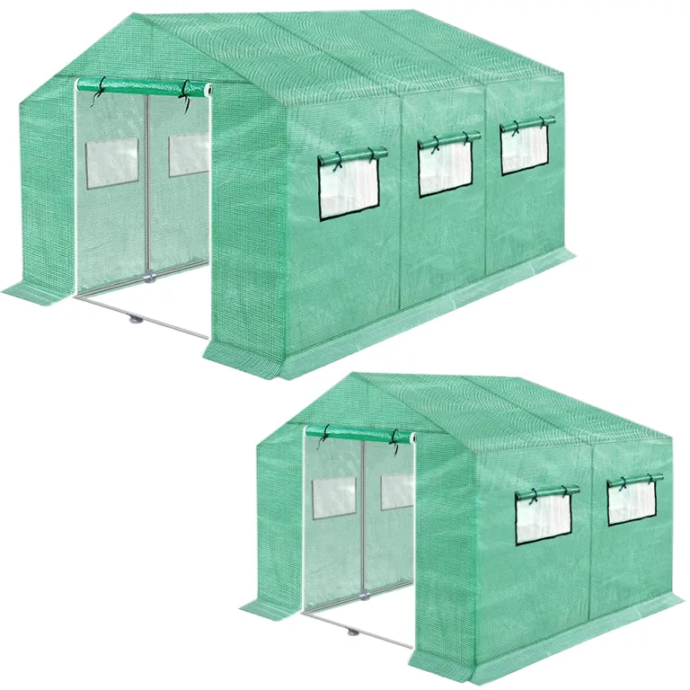 300x200x200cm Frostschutz Gartengewächshäuser aus Stahlrohren, 6㎡ Begehbares Tomatenhaus mit Satteldach, Rolltor mit Reißverschluss & Fenstern, Winterfest HDPE Foliengewächshaus für Garten – Bild 9