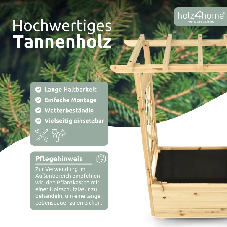 holz4home® Pflanzkasten mit Rankgitter & Dachregal I Aus Tannenholz inkl. Vlieseinlage & Gartenhandschuhe I Blumenkasten mit Spalier für Garten Terrasse I Hochbeet mit Rosenbogen Balkonkasten (M) – Bild 3