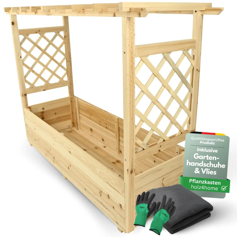 holz4home® Pflanzkasten mit Rankgitter & Dachregal I Aus Tannenholz inkl. Vlieseinlage & Gartenhandschuhe I Blumenkasten mit Spalier für Garten Terrasse I Hochbeet mit Rosenbogen Balkonkasten (M) – Bild 9