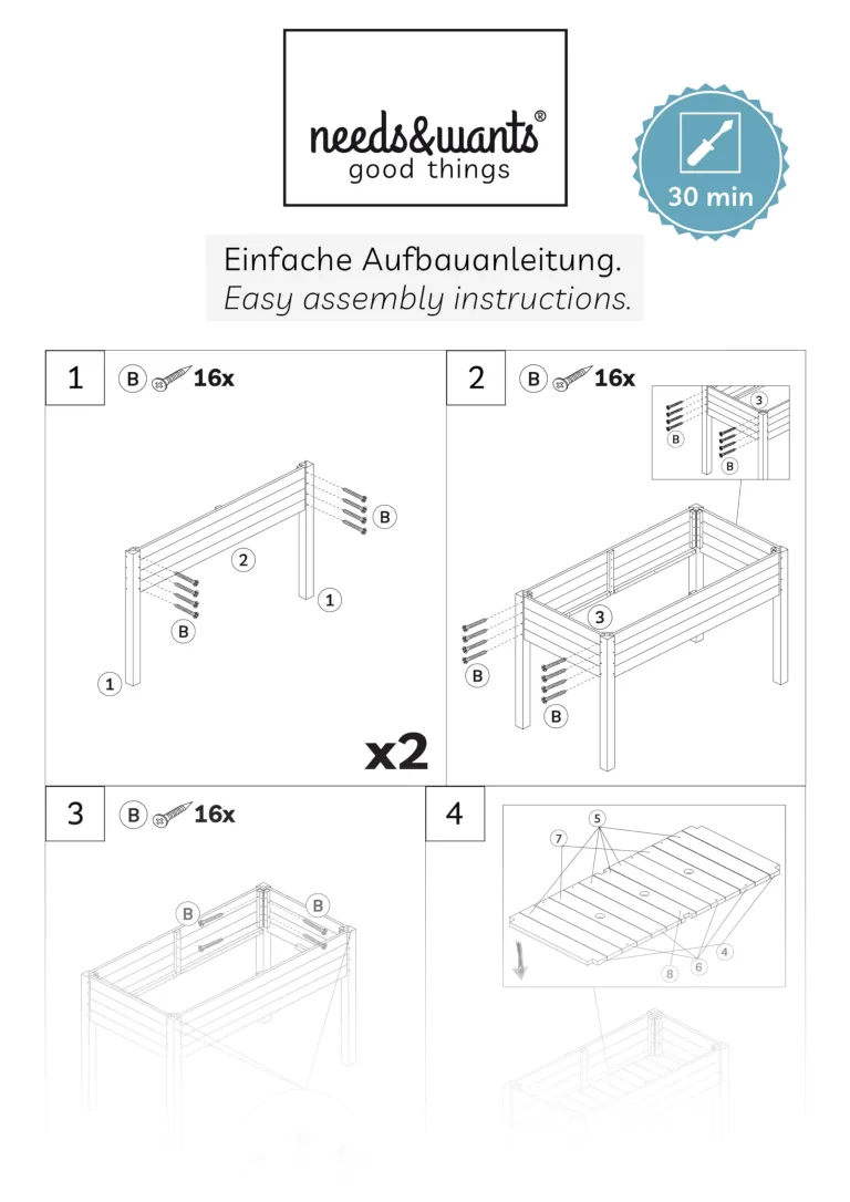 needs&wants® Hochbeet aus Holz für Garten Balkon Terrasse, Pflanzkasten Bausatz rechteckig schmal mit Vlies-Folie, Kräuterbeet Pflanzenkasten deko, weiß – Bild 9