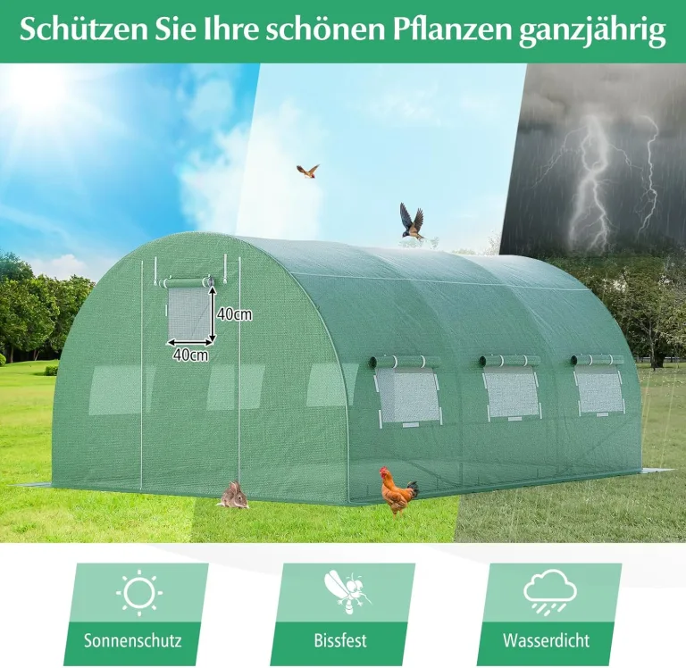 COSTWAY Gewächshaus, 4x3x2m|12m², Foliengewächshaus mit Metallgestell, Treibhaus mit 6 aufrollbaren Netzfenstern & 2 Reißverschlusstüren, Garten Folientunnel, für Tomaten Gemüse Blumen Obst, Grün – Bild 3