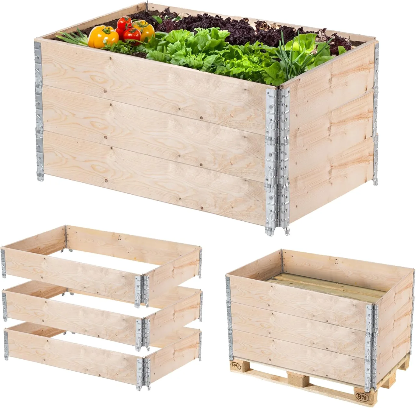 KADAX Palettenrahmen aus Holz, Stapelbare Holzrahmen, Aufsatzrahmen für Garten, Hochbeet Rahmen, Pflanzkasten, Gartenbeet, Gemüsebeet, Kräuterbeet (3-er Set 120x80x22,5 cm) - Bild 1