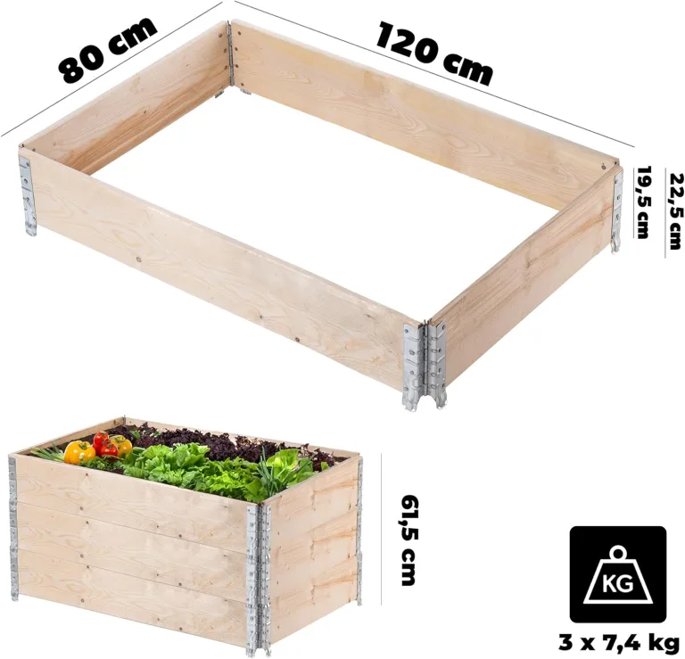 KADAX Palettenrahmen aus Holz, Stapelbare Holzrahmen, Aufsatzrahmen für Garten, Hochbeet Rahmen, Pflanzkasten, Gartenbeet, Gemüsebeet, Kräuterbeet (3-er Set 120x80x22,5 cm) – Bild 3