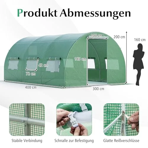 GOPLUS 4x3x2m Gewächshaus mit Metallrahmen, 12m² Gartengewächshäuser mit 6 Fenstern & 2 Türen, Foliengewächshaus für Bauernhof, Hinterhof & Garten (4x3x2m) – Bild 10