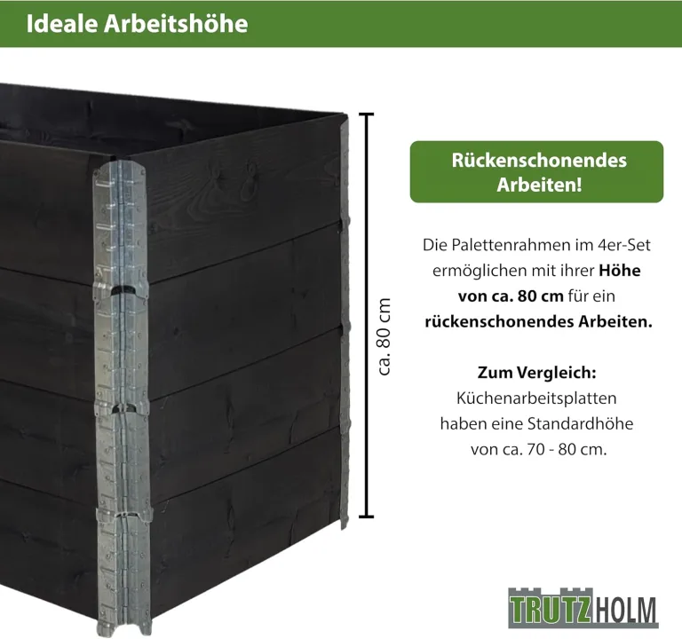 TRUTZHOLM Hochbeet aus Holz 120x80x80 cm Palettenrahmen 4-teilig stapelbar steckbar faltbar Pflanzbeet Beeteinfassung Holzrahmen Aufsatzrahmen für Europalette Garten Balkon Terrasse in Schwarz – Bild 6