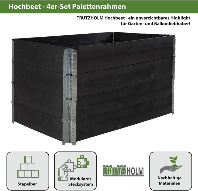 TRUTZHOLM Hochbeet aus Holz 120x80x80 cm Palettenrahmen 4-teilig stapelbar steckbar faltbar Pflanzbeet Beeteinfassung Holzrahmen Aufsatzrahmen für Europalette Garten Balkon Terrasse in Schwarz – Bild 2