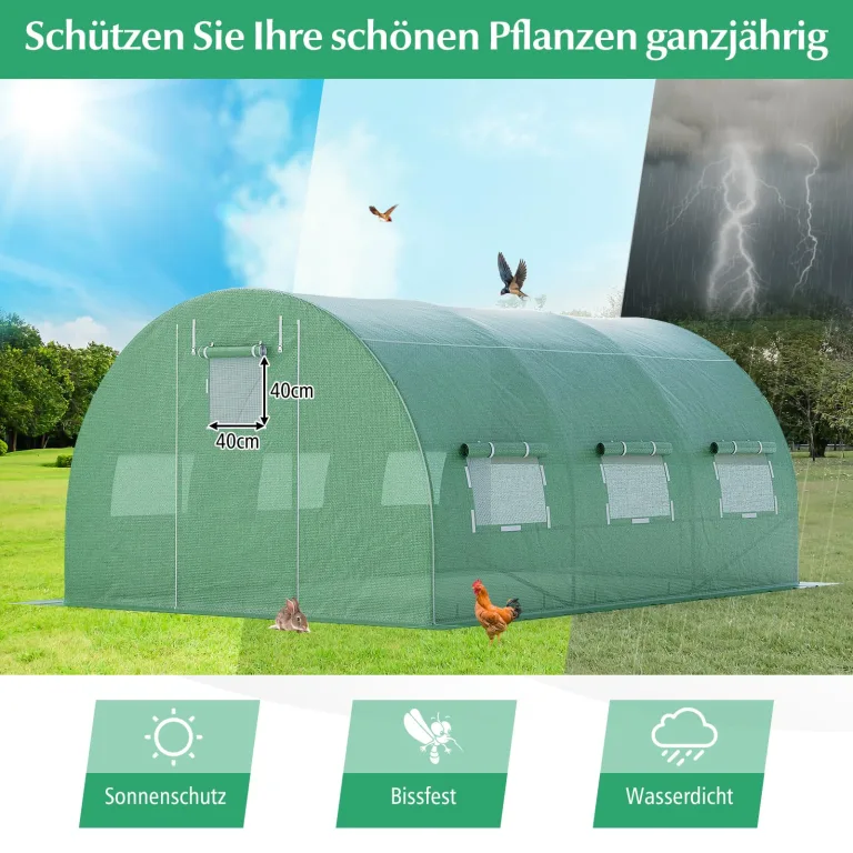 RELAX4LIFE Gewächshaus 4x3x2m-12m², Foliengewächshaus mit 6 Fenstern & 2 Reißverschlusstüren, Tunnelgewächshaus aus Metallrahmen & PE Folie, Treibhaus für Gemüse und Blumen,Grün – Bild 4
