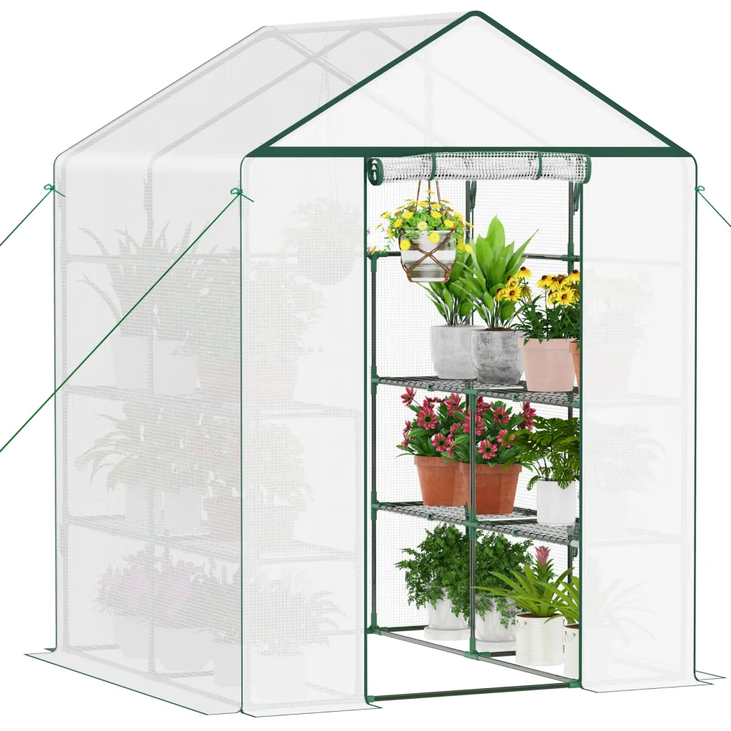 Ribelli Foliengewächshaus, Gewächshaus mit Aufrollbarer Tür, Tomatengewächshaus 143x195x143 cm, 4 Regale Treibhaus, Winterfest PE-Gitterfolie, Gartenhaus für Pflanzen, Gemüse, Blumen, Weiß