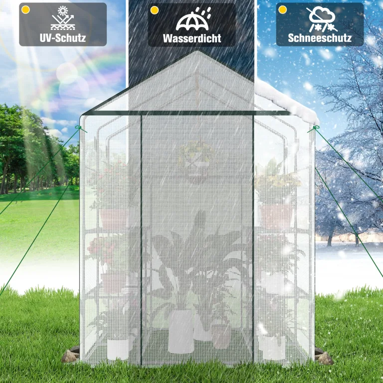Ribelli Foliengewächshaus, Gewächshaus mit Aufrollbarer Tür, Tomatengewächshaus 143x195x143 cm, 4 Regale Treibhaus, Winterfest PE-Gitterfolie, Gartenhaus für Pflanzen, Gemüse, Blumen, Weiß – Bild 5