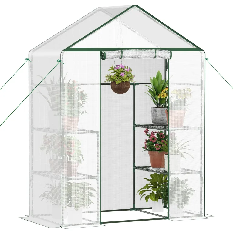 Ribelli Foliengewächshaus, Gewächshaus mit Aufrollbarer Tür, Tomatengewächshaus 143x195x143 cm, 4 Regale Treibhaus, Winterfest PE-Gitterfolie, Gartenhaus für Pflanzen, Gemüse, Blumen, Weiß – Bild 9