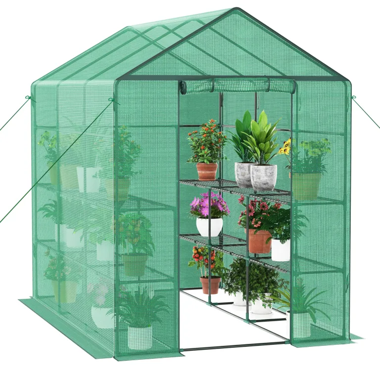 Ribelli Foliengewächshaus, Gewächshaus mit Aufrollbarer Tür, Tomatengewächshaus 143x195x143 cm, 4 Regale Treibhaus, Winterfest PE-Gitterfolie, Gartenhaus für Pflanzen, Gemüse, Blumen, Weiß – Bild 10