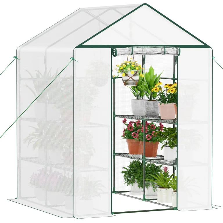 Ribelli Foliengewächshaus, Gewächshaus mit Aufrollbarer Tür, Tomatengewächshaus 143x195x143 cm, 4 Regale Treibhaus, Winterfest PE-Gitterfolie, Gartenhaus für Pflanzen, Gemüse, Blumen, Weiß – Bild 1