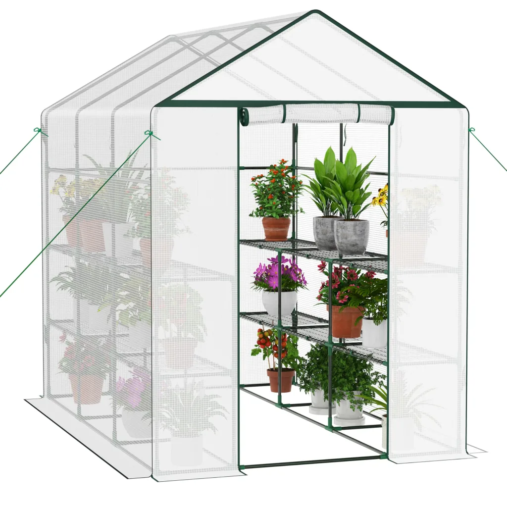Ribelli Foliengewächshaus, Gewächshaus mit Aufrollbarer Tür, Tomatengewächshaus 143x195x213 cm, 4 Regale Treibhaus, Winterfest PE-Gitterfolie, Gartenhaus für Pflanzen, Gemüse, Blumen, Weiß