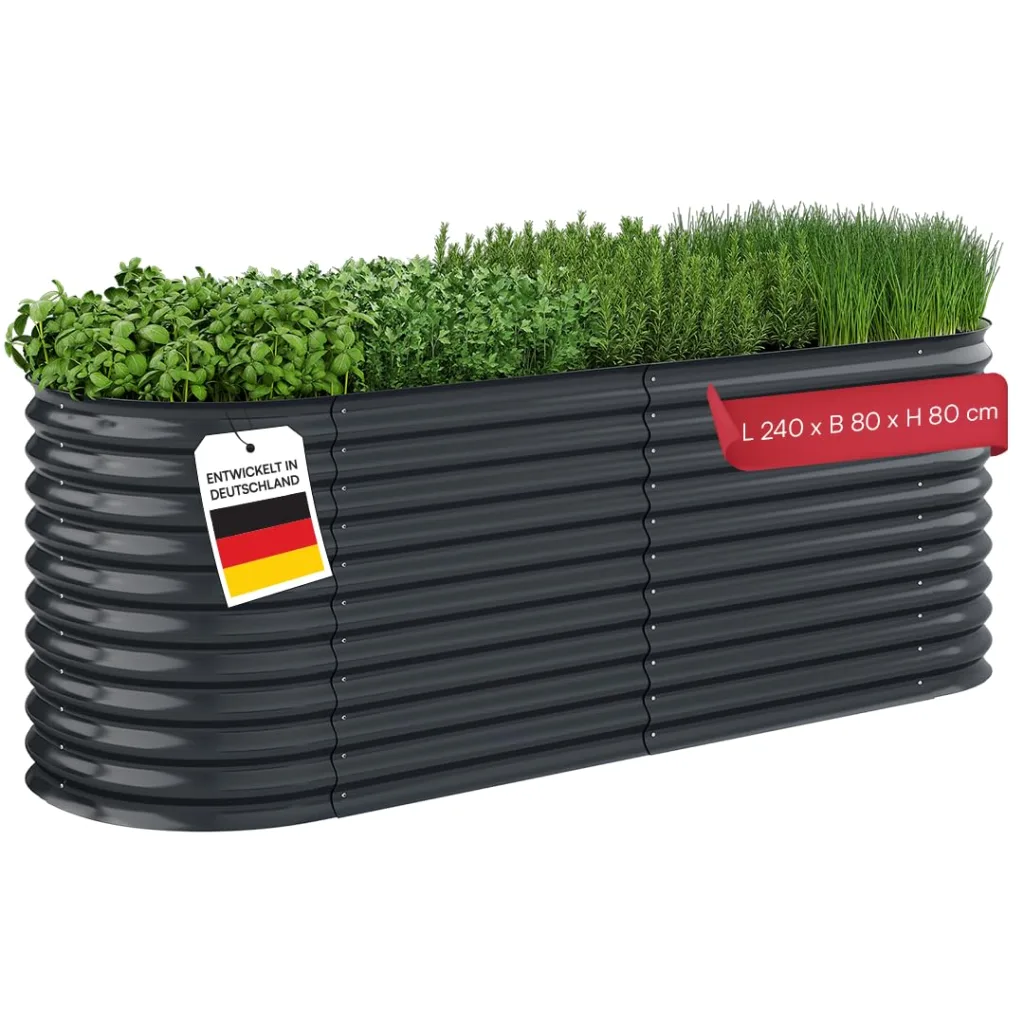 STEELSØN Hydra Hochbeet Metall – ovaler Pflanzenkasten 240x80x80 cm – Gemüsebeet Anthrazit – Beet für Garten & Balkon – Pflanzenbeet aus verzinktem Stahl – Kräuterbeet – Gartenbeet mit Kantenschutz