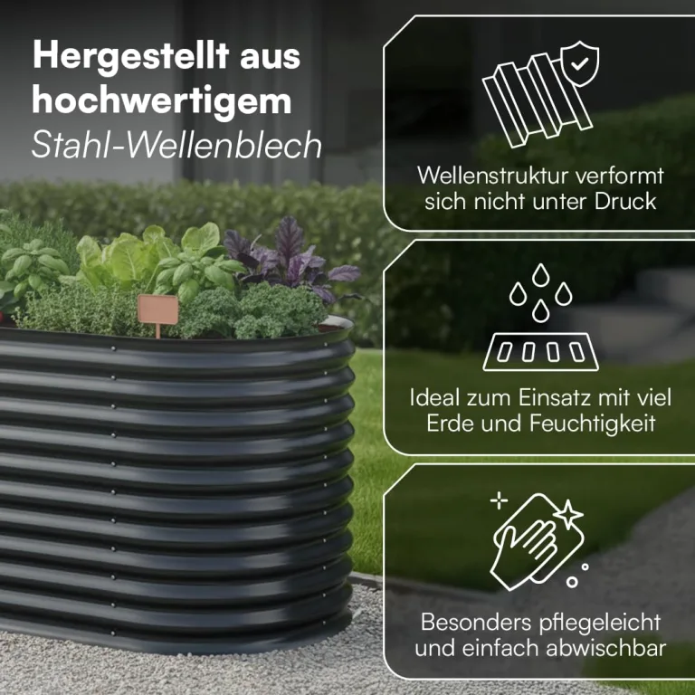 STEELSØN Hydra Hochbeet Metall – ovaler Pflanzenkasten 240x80x80 cm – Gemüsebeet Anthrazit – Beet für Garten & Balkon – Pflanzenbeet aus verzinktem Stahl – Kräuterbeet – Gartenbeet mit Kantenschutz – Bild 5