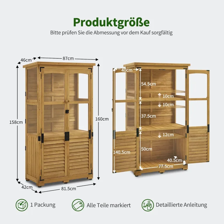 M MCombo Gartenschrank Holz 0120, Gerätehaus Wetterfest Klein, Outdoor Gartenhaus Geräteschuppen für Außenbereich Terrasse Balkon, 87×46×160 cm, (Natur) – Bild 3