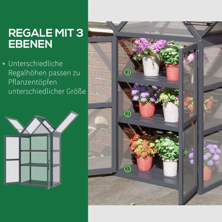 Outsunny Frühbeet Pflanzenbeet mit 3 Ebenen, aufklappbarem Dach wetterfest Mini Gewächshaus mit Doppeltüren Treibhaus aus Holz Polycarbonat Natur 70,5 x 42 x 132 cm – Bild 5