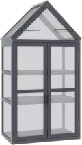 Outsunny Frühbeet Pflanzenbeet mit 3 Ebenen, aufklappbarem Dach wetterfest Mini Gewächshaus mit Doppeltüren Treibhaus aus Holz Polycarbonat Natur 70,5 x 42 x 132 cm - Thumbnail 1