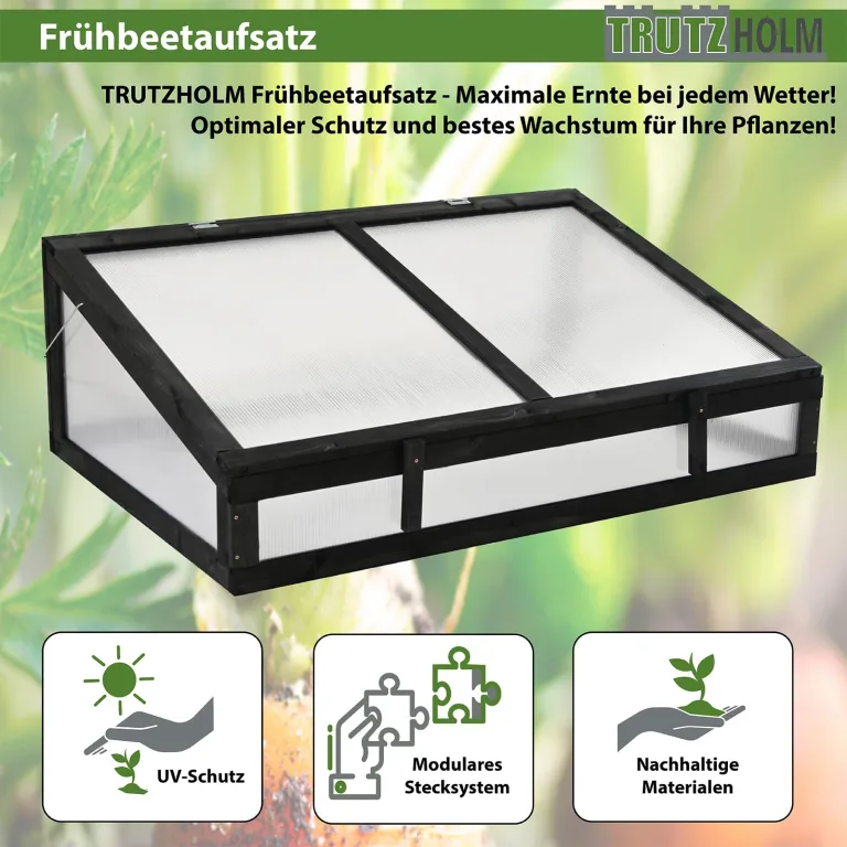 TRUTZHOLM Frühbeetaufsatz aus Massivholz 120x80x40 cm Frühbeetkasten mit verschließbarem Deckel Gewächshaus für Hochbeet 120x80 cm Beete Mini Gewächshaus Pflanzkasten (Schwarz) – Bild 2