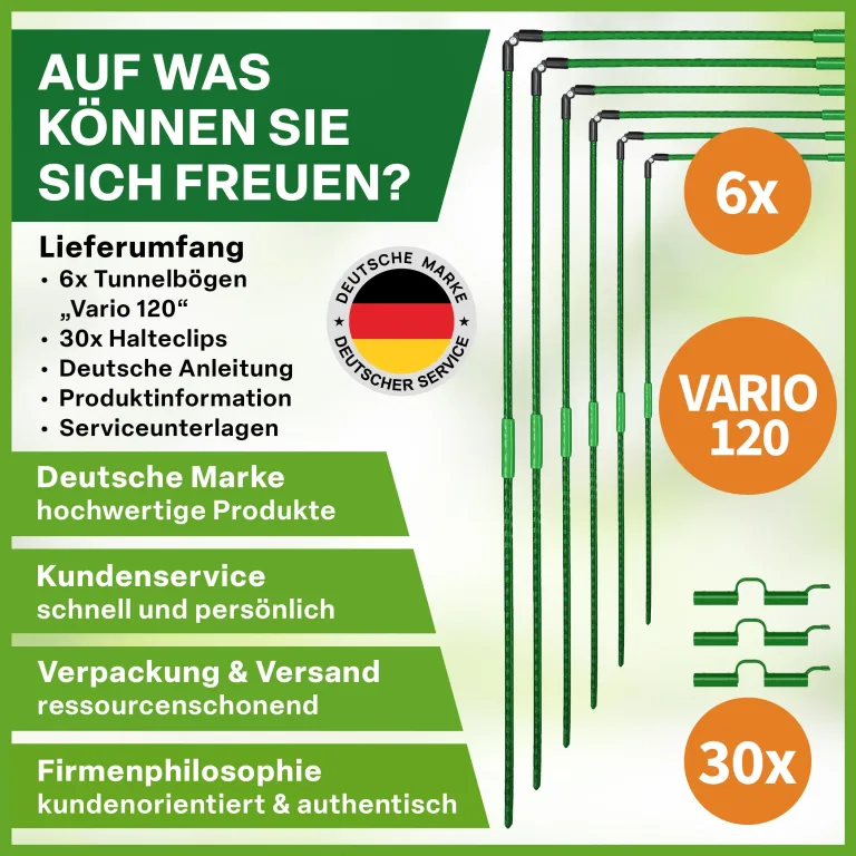 TTL GARDEN Vario 120 6xTunnelbogen System - 6er Set Folientunnel Bögen B 120 x H 140 cm zur Beetabdeckung - 4 mögliche Größen - rostfreie Stahl Tunnelbögen kunststoffbeschichtet + 30 Halteclips – Bild 7