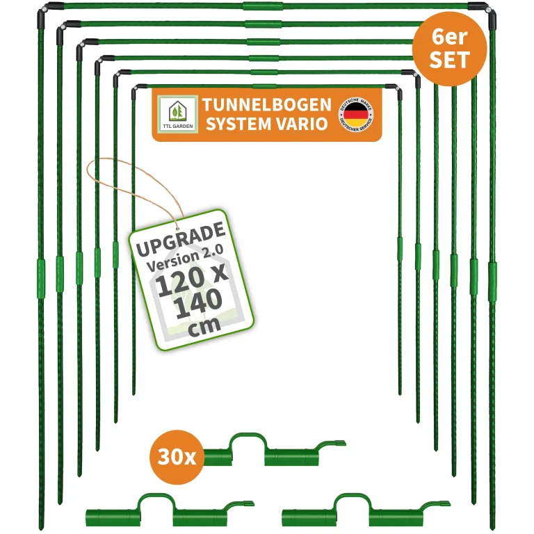 TTL GARDEN Vario 120 6xTunnelbogen System - 6er Set Folientunnel Bögen B 120 x H 140 cm zur Beetabdeckung - 4 mögliche Größen - rostfreie Stahl Tunnelbögen kunststoffbeschichtet + 30 Halteclips – Bild 1