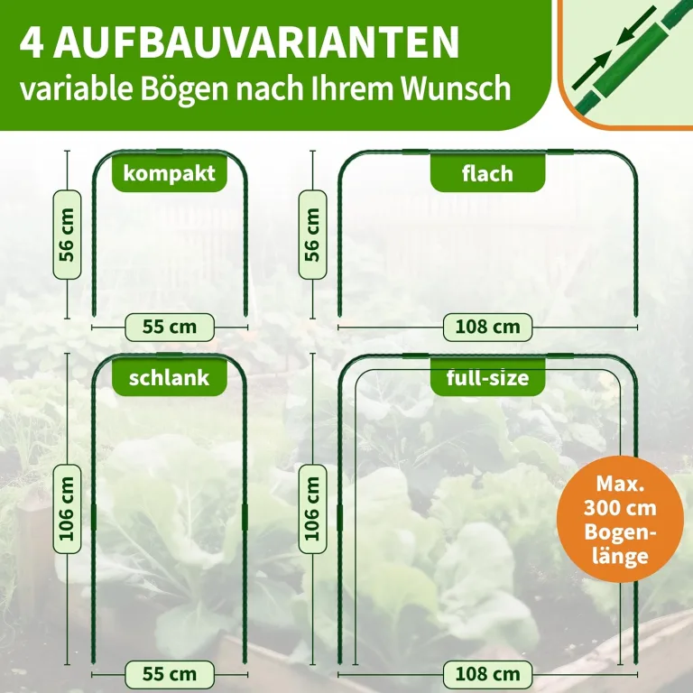 TTL GARDEN Vario 100 6xTunnelbogen System - 6er Set Folientunnel Bögen H 106 x B 108 cm zur Beetabdeckung - 4 mögliche Größen - rostfreie Stahl Tunnelbögen kunststoffbeschichtet + 30 Halteclips – Bild 3