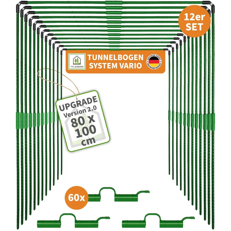 TTL GARDEN Vario 80 12xTunnelbogen System - 12er Set Folientunnel Bögen B 80 x H 100 cm zur Beetabdeckung - 4 mögliche Größen - rostfreie Stahl Tunnelbögen kunststoffbeschichtet - mit 60 Halteclips – Bild 1
