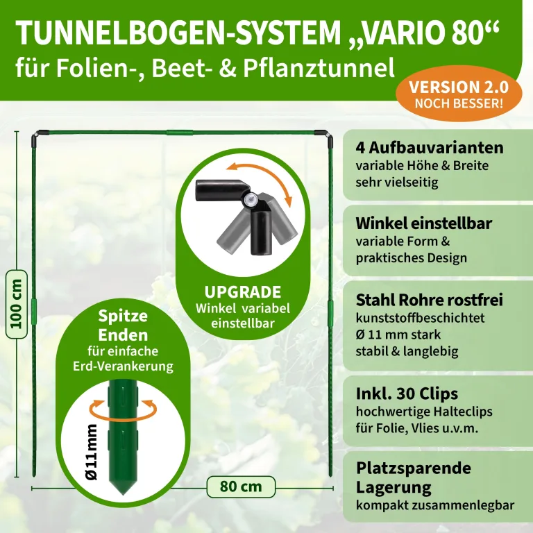 TTL GARDEN Vario 80 6xTunnelbogen System - 6er Set Folientunnel Bögen B 80 x H 100 cm zur Beetabdeckung - 4 mögliche Größen - rostfreie Stahl Tunnelbögen kunststoffbeschichtet - mit 30 Halteclips – Bild 2