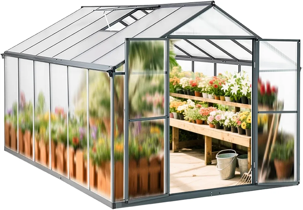 Gewächshaus Aluminium mit 362 x 238cm Fundament 4mm Platten gartengewächshäuser groß Treibhaus Winterfest Frühbeet Aufzucht 14,03m³ Doppeltür Grau