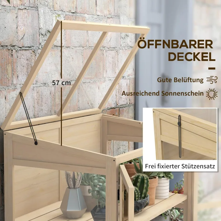 Outsunny Frühbeet aus Holz Gewächshaus 2-Stufiges Hochbeet mit Dachfenster, Doppeltür, Winddichtes Treibhaus, für Balkon, Garten, Natur, 103 x 61 x 103 cm – Bild 6