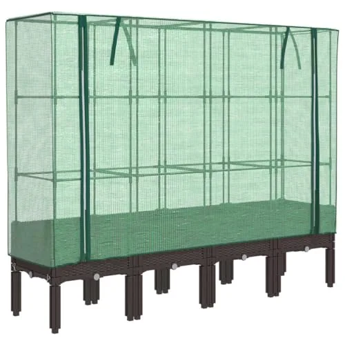 vidaXL Hochbeet mit Gewächshaus-Aufsatz, Pflanzbeet mit Eisenrohr-Rahmen, Gemüsebeet für Garten Terrasse Balkon, Pflanzkasten Frühbeet, Rattan-Optik – Bild 9