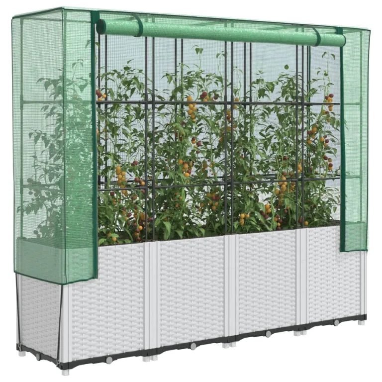 vidaXL Hochbeet mit Gewächshaus-Aufsatz, Pflanzbeet mit Eisenrohr-Rahmen, Gemüsebeet für Garten Terrasse Balkon, Pflanzkasten Frühbeet, Rattan-Optik – Bild 2