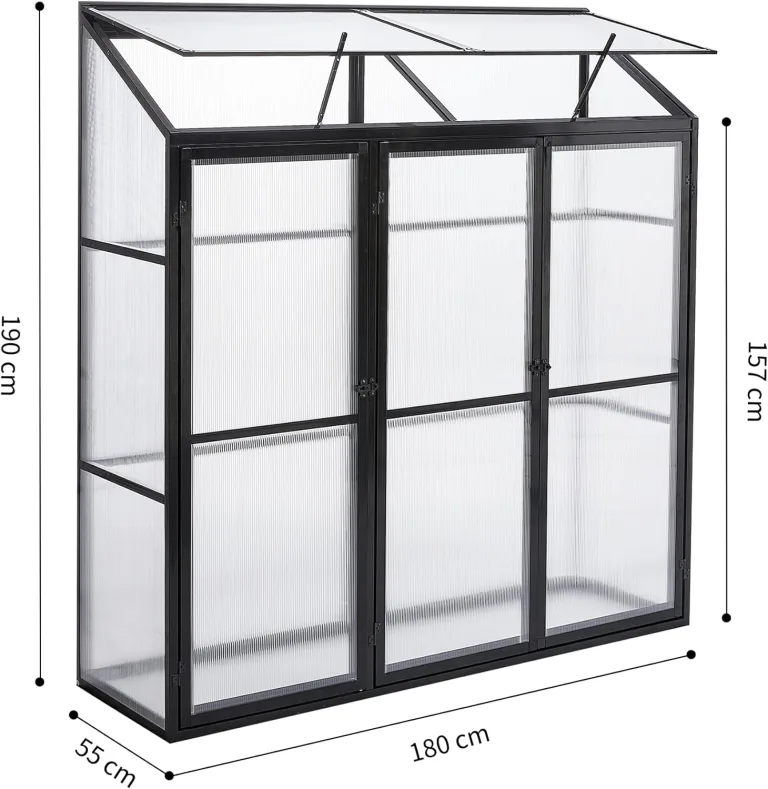 Anlehngewächshaus Tomaten Gewächshaus 180x55x190cm Aluminium Beistell-Gewächshaus, Treibhaus Gartenhaus Frühbeet mit Rückwand, Winterfest Klein, Minigewächshaus, Schwarz – Bild 8
