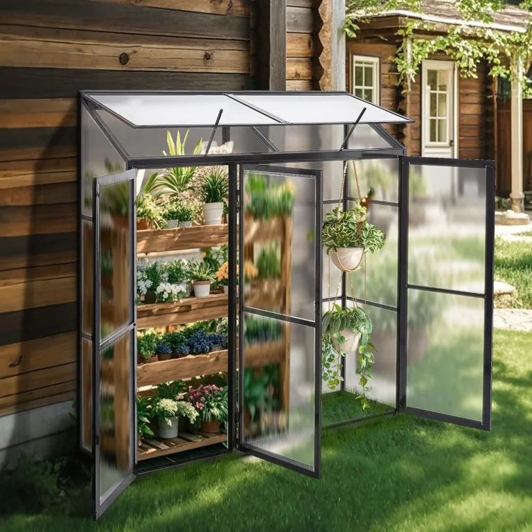 Anlehngewächshaus Tomaten Gewächshaus 180x55x190cm Aluminium Beistell-Gewächshaus, Treibhaus Gartenhaus Frühbeet mit Rückwand, Winterfest Klein, Minigewächshaus, Schwarz – Bild 9
