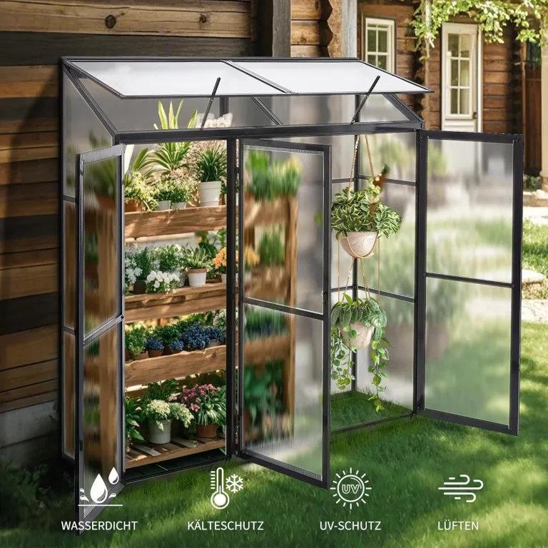 Anlehngewächshaus Tomaten Gewächshaus 180x55x190cm Aluminium Beistell-Gewächshaus, Treibhaus Gartenhaus Frühbeet mit Rückwand, Winterfest Klein, Minigewächshaus, Schwarz – Bild 2