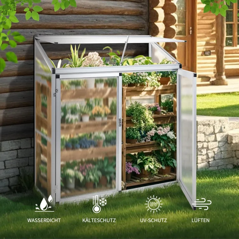 Anlehngewächshaus Tomatenhaus Gewächshaus 130x52x140cm Aluminium Beistell-Gewächshaus, Treibhaus Gartenhaus Frühbeet Ohne Rückwand, Gewächshaus Winterfest Klein, Minigewächshaus, Silber – Bild 4