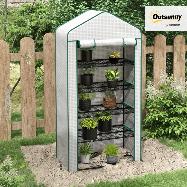 Outsunny Garten-Gewächshaus aus PE mit Regalen mit 5 Ebenen, Balkongewächshaus, verstärkte Plane 135 g/m², Gestell aus Stahl, Tür mit Reißverschluss, aufrollbar, für Gemüse, Pflanzen, Blumen, 90 x 49 – Bild 2
