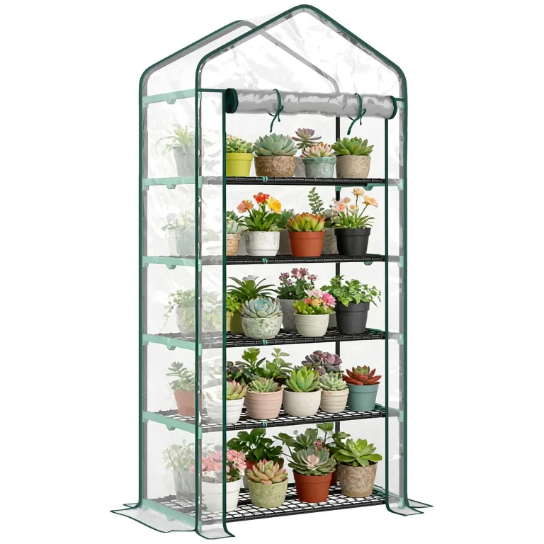 Outsunny Garten-Gewächshaus aus PE mit Regalen mit 5 Ebenen, Balkongewächshaus, verstärkte Plane 135 g/m², Gestell aus Stahl, Tür mit Reißverschluss, aufrollbar, für Gemüse, Pflanzen, Blumen, 90 x 49 – Bild 10