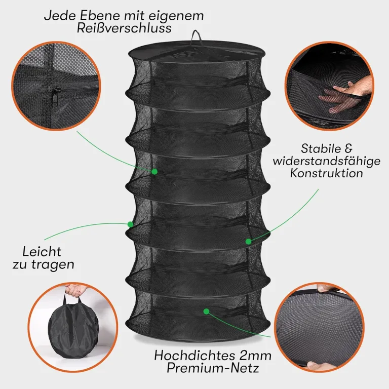 Hochwertiges Trockennetz für Kräuter – Trocknungssystem mit Reißverschluss für Grow Zelt oder Gewächshaus – Atmungsaktives, Strapazierfähiges Material – Netz für Ernte und Kräutertrocknung (6-Lagiges) – Bild 3