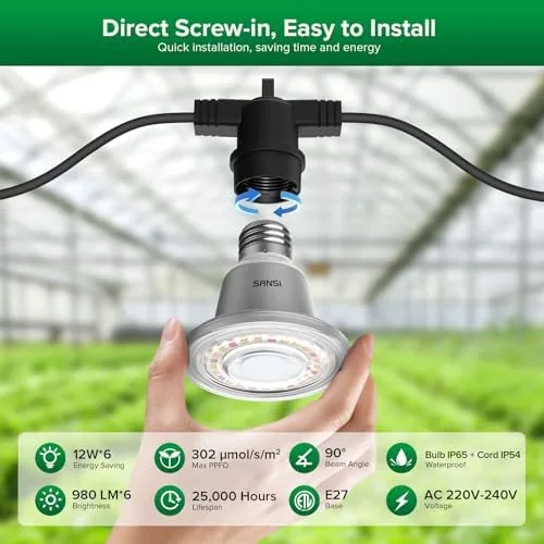 SANSI Pflanzenlampe LED Vollspektrum für Zimmerpflanzen, IP54 Wasserdichte Pflanzenleuchte Lichterkette mit 6 Stücke E27 12W Wachstumslampe Birnen für Gewächshaus, Sämling, Blumen, Gemüse (6,7 Meter) – Bild 6
