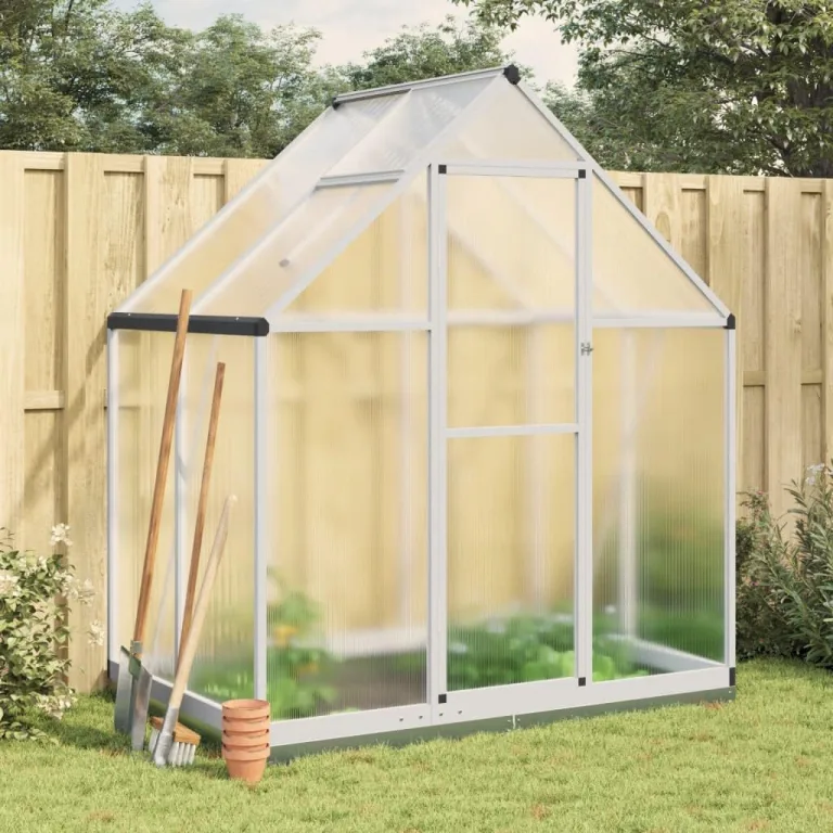 IKAYAA Gewächshaus Aluminium mit Fundament Gartenhaus Winterfest Gewächshaus Glas Glashaus Garten Tomatenhaus Frühbeet und Pflanzenhaus 169 x 114 x 202 cm Silbern und transparent – Bild 1