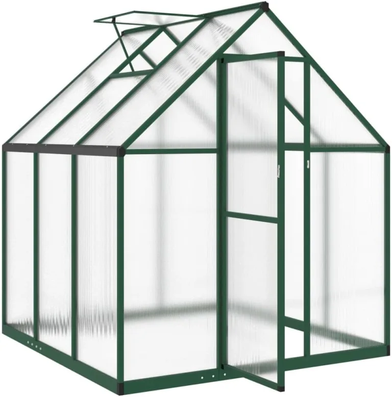 IKAYAA Gewächshaus Aluminium mit Fundament Gartenhaus Winterfest Gewächshaus Glas Glashaus Garten Tomatenhaus Frühbeet und Pflanzenhaus 169 x 169 x 195 cm Grün und transparent – Bild 2