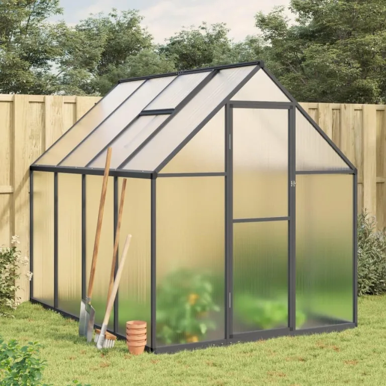 IKAYAA Gewächshaus Aluminium mit Fundament Gartenhaus Winterfest Gewächshaus Glas Glashaus Garten Tomatenhaus Frühbeet und Pflanzenhaus 224 x 169 x 195 cm Anthrazit und transparent – Bild 1