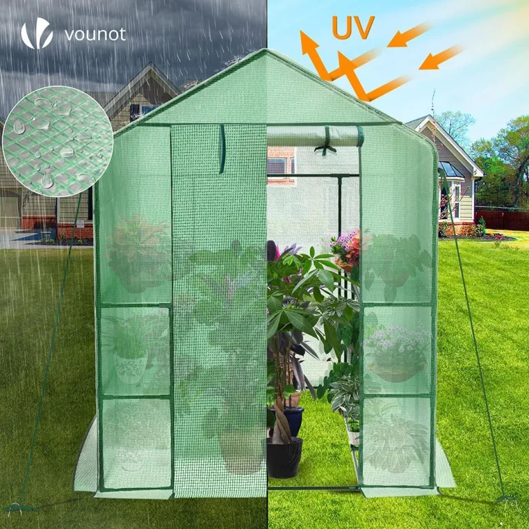 VOUNOT® Gewächshaus Foliengewächshaus, begehbares Gartenhäuschen mit 12 Regalebenen, Tomatenhaus Tomatengewächshaus, Grün 143x215x195cm – Bild 5