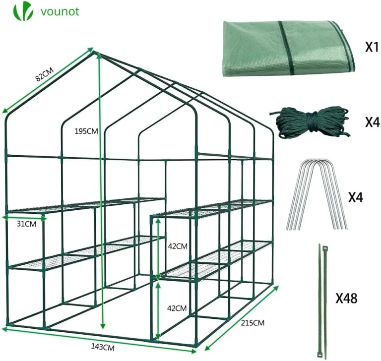VOUNOT® Gewächshaus Foliengewächshaus, begehbares Gartenhäuschen mit 12 Regalebenen, Tomatenhaus Tomatengewächshaus, Grün 143x215x195cm – Bild 7